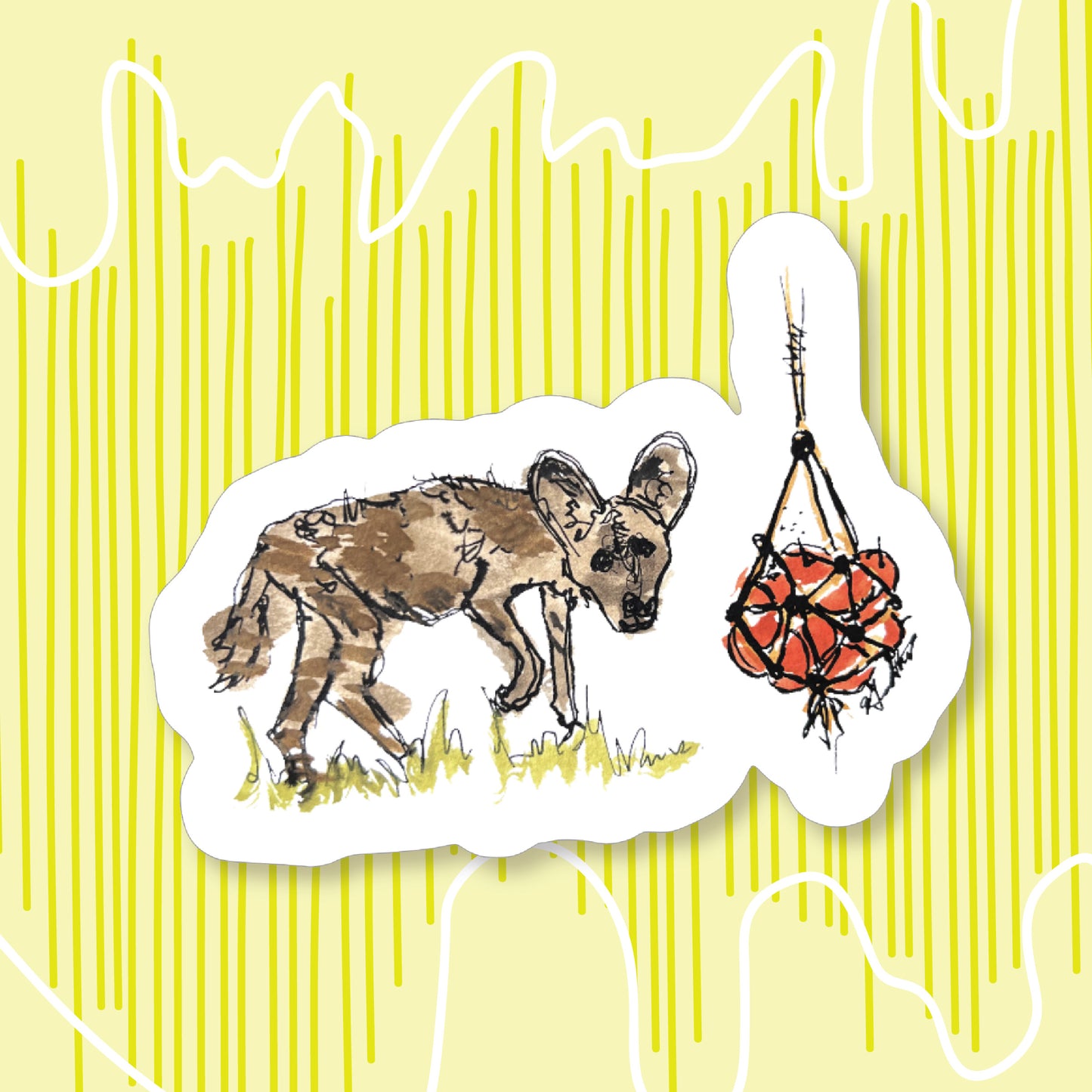 "African Wild Dog and a Macrame Apple Hanger" Sticker