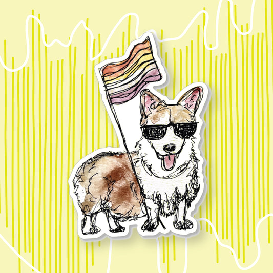 Corgi with a Lesbian Flag Sticker